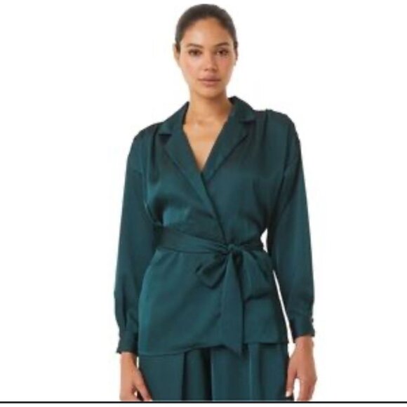 MISA Los Angeles XS Womens Emerald Green Satin Wrap Jacket Blouse Belted - Picture 1 of 11